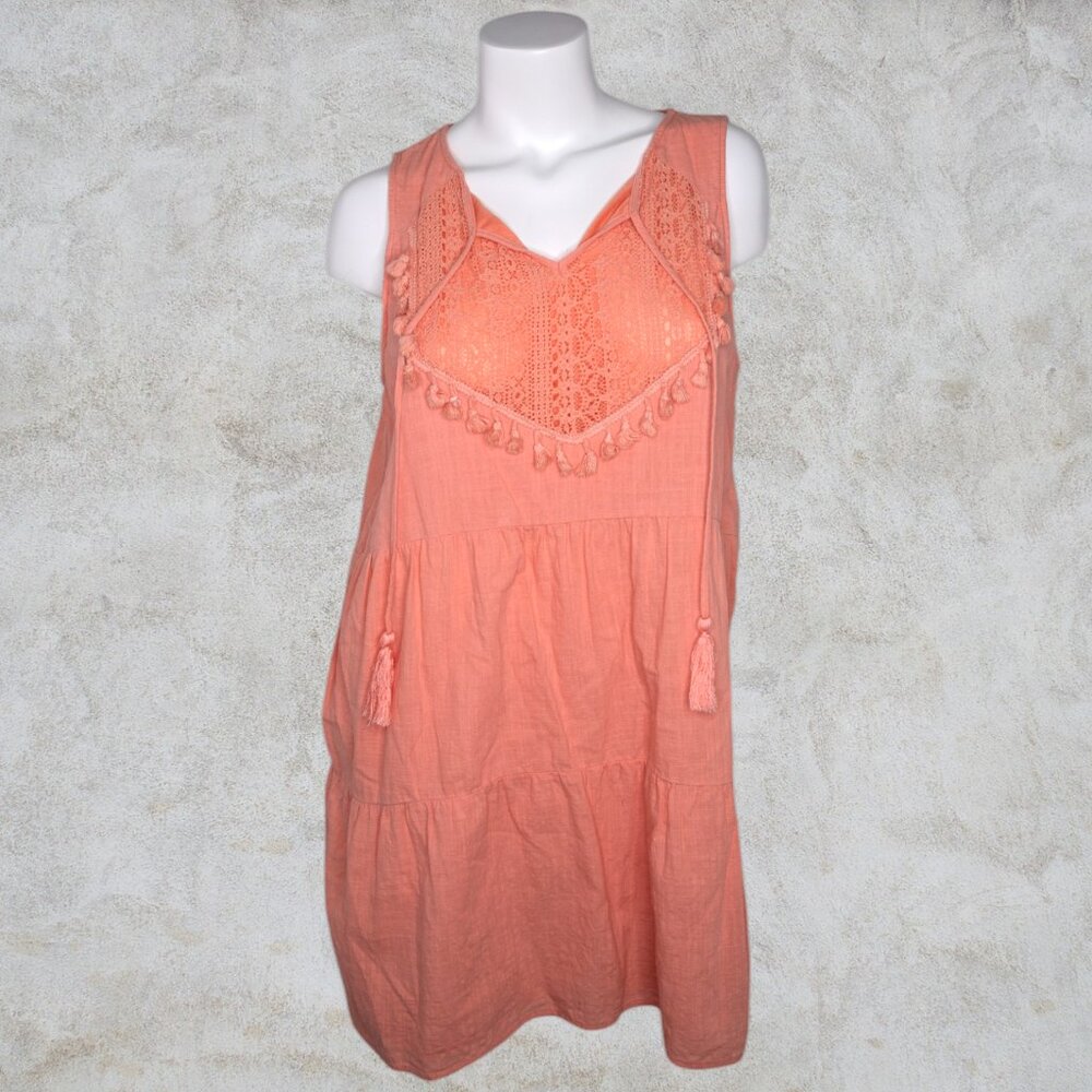 L Love Coral Sleeveless Women's Midi Tiered Tank Dress w/Lace & Tassles